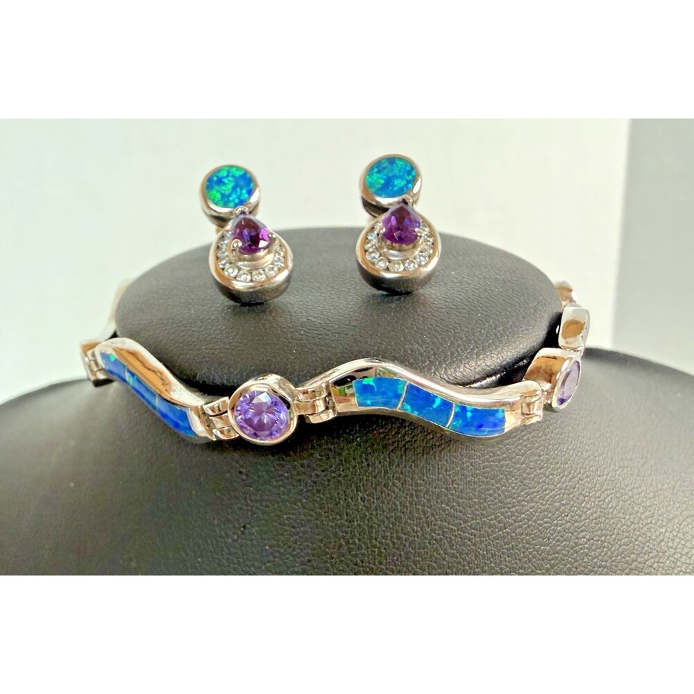 925 AK Atasay Kuyumculu Blue Opal Inlay & Amethyst Wavy Bracelet & Earrings Set